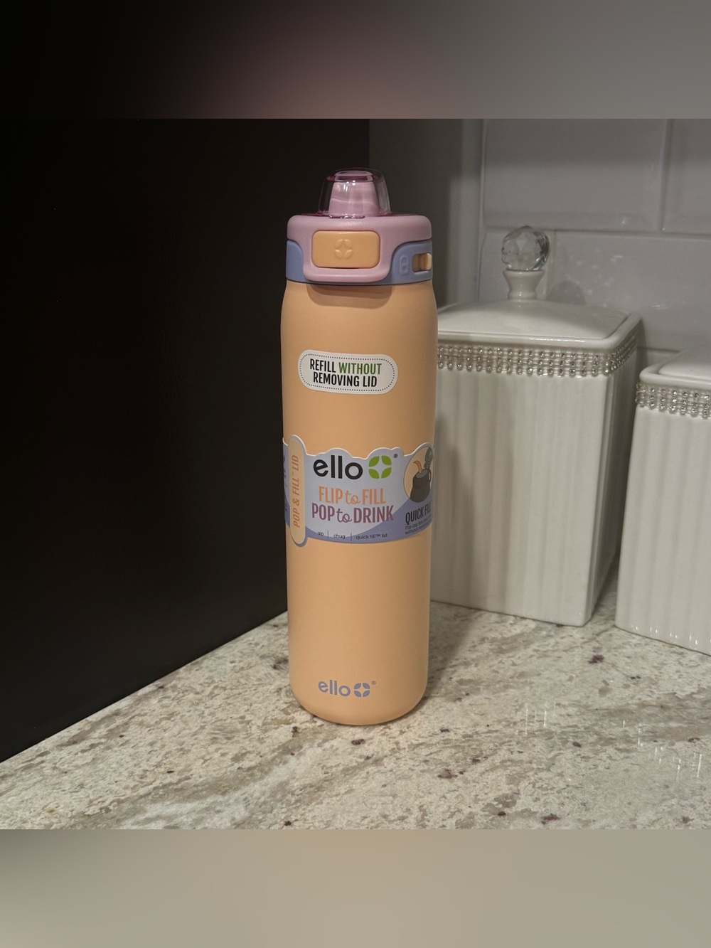 Ello Oasis Flip-to-Fill Water Bottle in Peach with Pastel Lid
